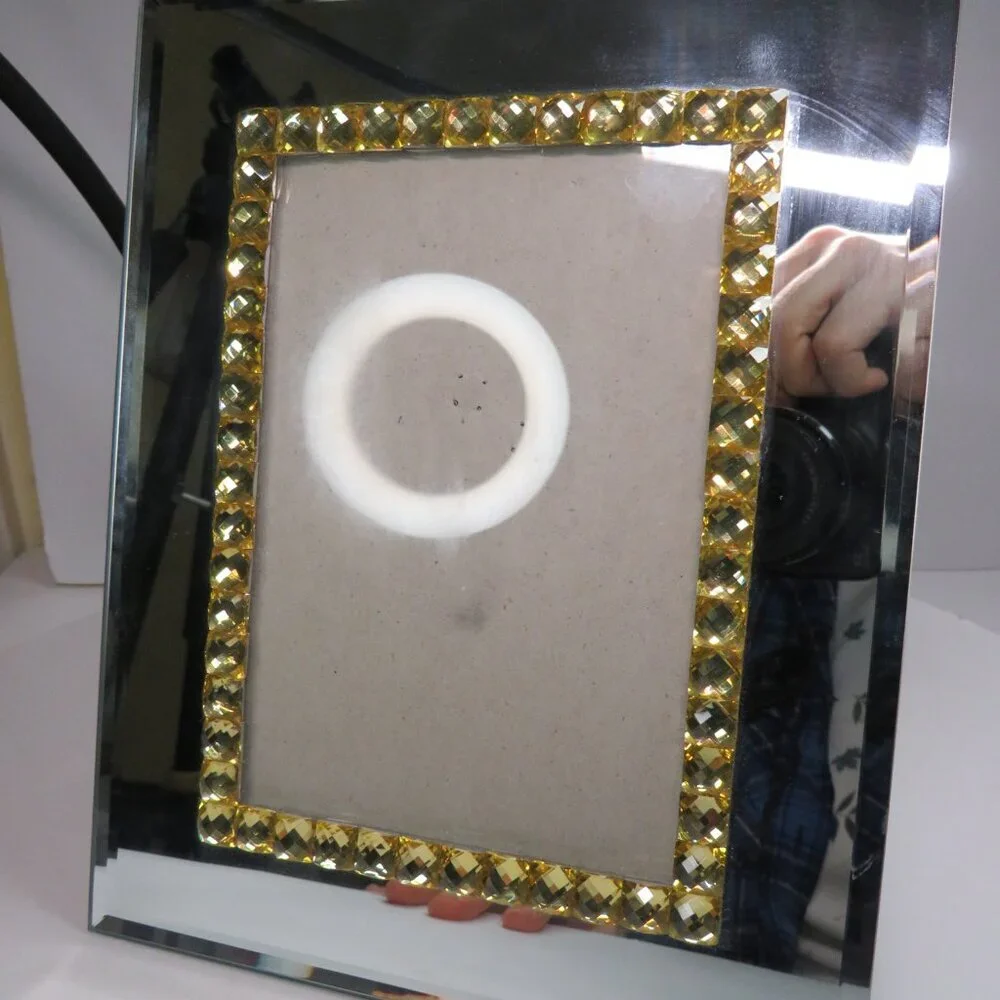 Beveled Mirror Glass Picture Frame with Yellow Rhinestone border High Quality